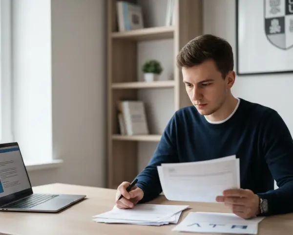 Młody mężczyzna, w **statusie studenta**, pochyla się nad dokumentami, notując coś na biurku. Obok leży laptop.