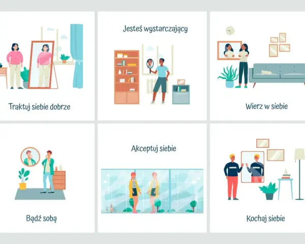 Ilustracje pokazują ludzi patrzących w lustro, ćwiczących, rozmawiających i relaksujących się, podkreślając budowanie poczucia własnej wartości.