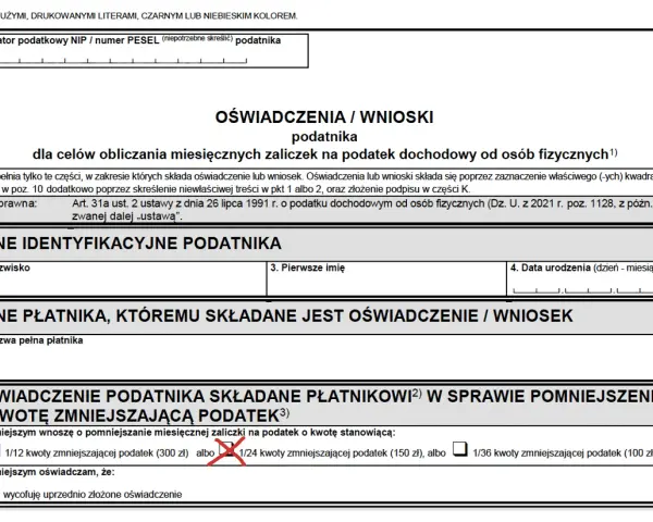 Formularz PIT-2, sekcja C: oświadczenie podatnika o kwocie zmniejszającej podatek. Zaznaczono 1/24 kwoty zmniejszającej podatek.