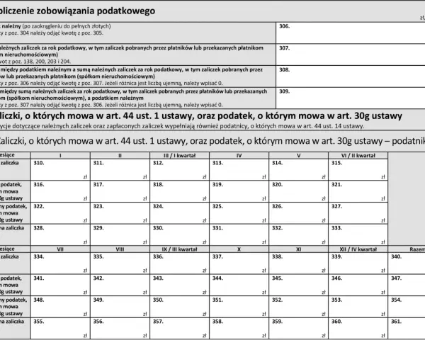 Formularz PIT-36, sekcja L.1. Zaliczki, o których mowa w art. 44 ust. 1 ustawy, oraz podatek, o którym mowa w art. 30g ustawy.