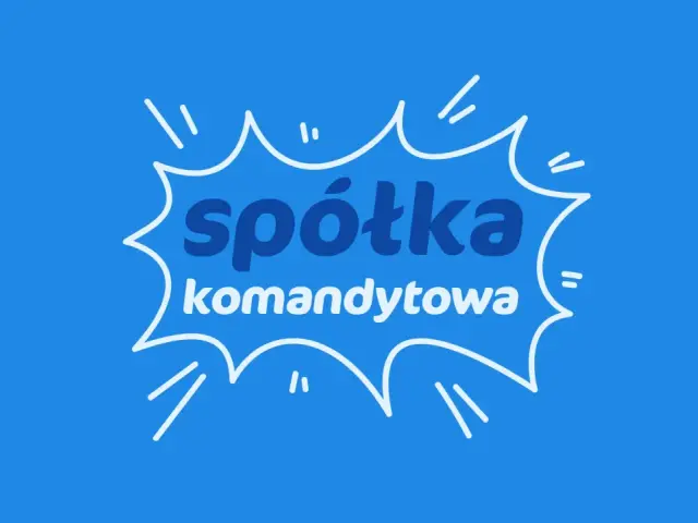 Biały dymek z napisem "spółka komandytowa" na niebieskim tle.
