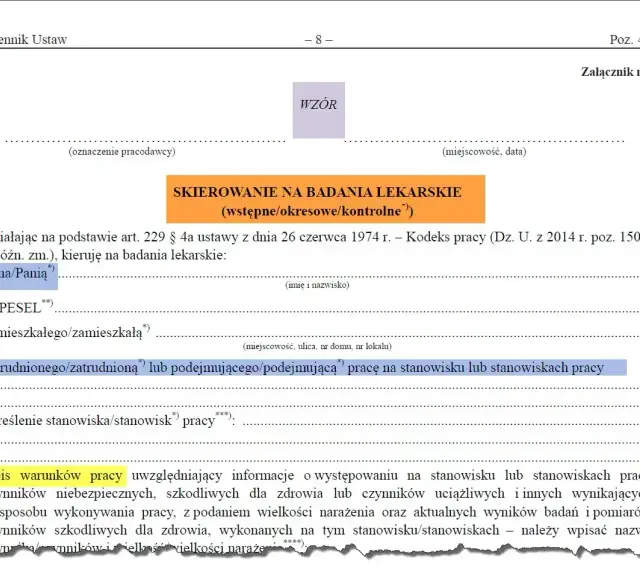 Skierowanie na badania lekarskie (okresowe/kontrolne) dla pracownika. Wpisanie danych pracownika i stanowiska pracy.