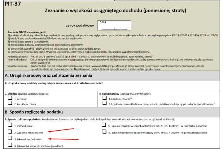 Formularz PIT-37, sekcja "Rodzaj korekty" zaznaczona opcja "korekta zeznania". Wskazanie sposobu rozliczenia podatku: wspólnie z małżonkiem lub jako wdowa/wdowiec.