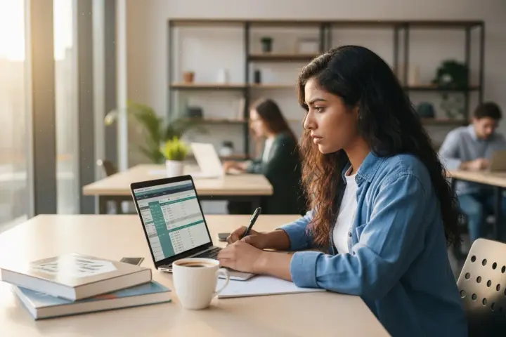 Młoda kobieta pracuje przy laptopie w jasnym biurze, obok książki i kawy.