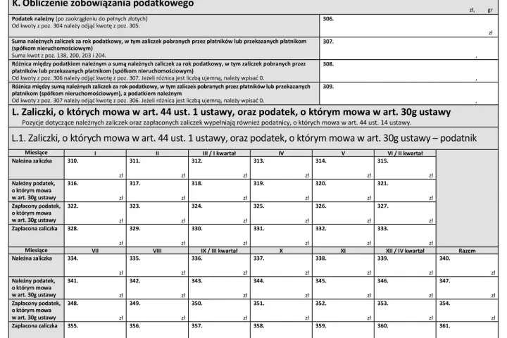Formularz PIT-36, sekcja L.1. Zaliczki, o których mowa w art. 44 ust. 1 ustawy, oraz podatek, o którym mowa w art. 30g ustawy.
