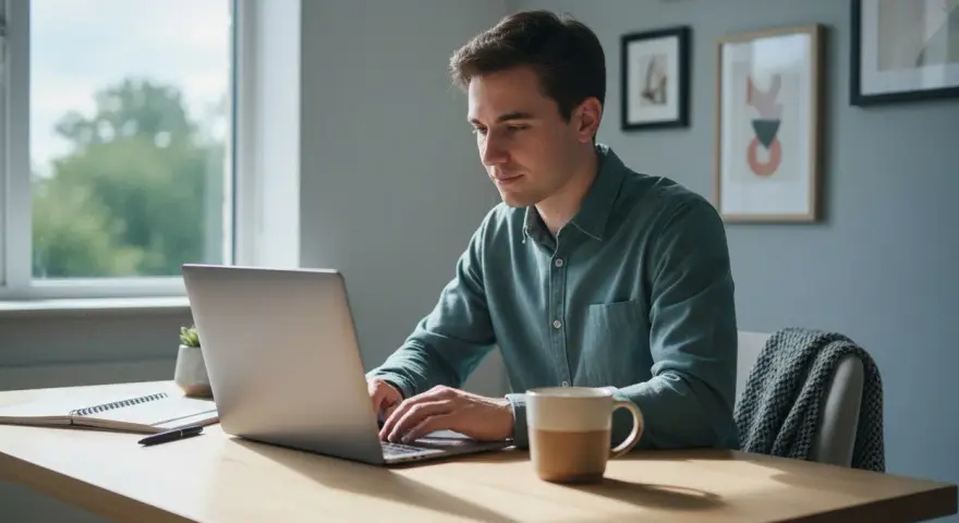 Mężczyzna pracuje na laptopie, przygotowując się do studiów magisterskich online. Na biurku notatnik i kubek kawy.