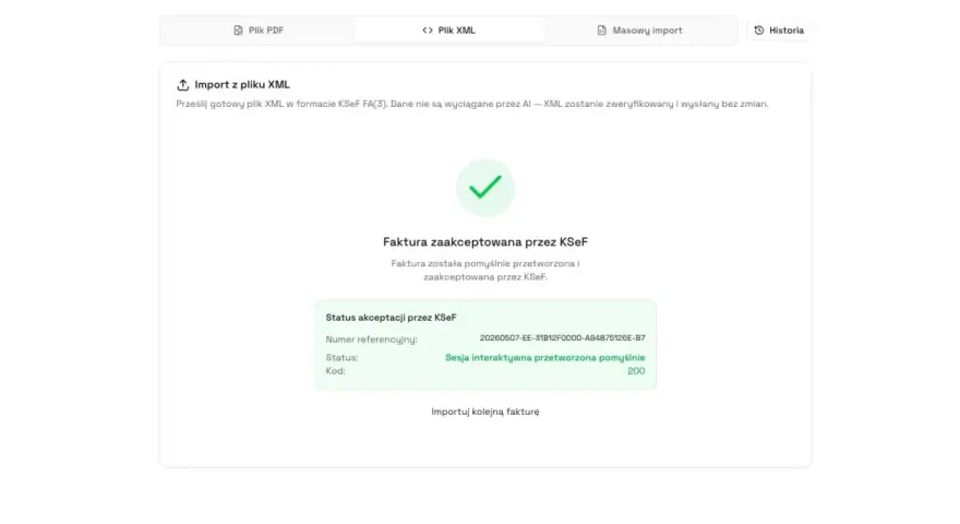 Faktura zaakceptowana przez KSeF po imporcie z pliku XML. Pokazuje status akceptacji i numer referencyjny, co jest kluczowe, jak wystawić fakturę.
