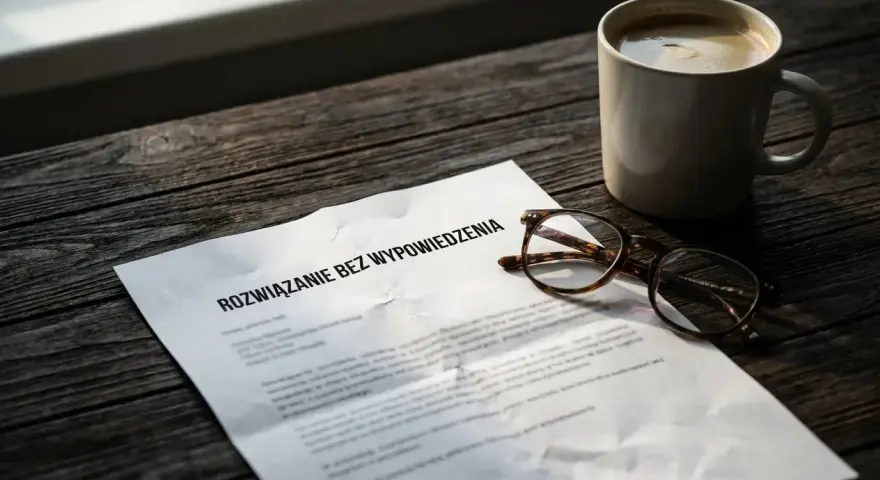 Dokument "Rozwiązanie bez wypowiedzenia" leży obok okularów i kubka kawy. Może to być zwolnienie dyscyplinarne na L4, które wymaga przemyślenia.