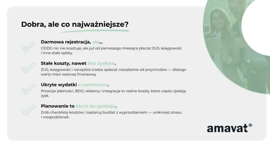 Dobra, ale co najważniejsze? ZUS, księgowość i narzędzia trzeba opłacać niezależnie od przychodów. Zaplanuj budżet, by uniknąć stresu.