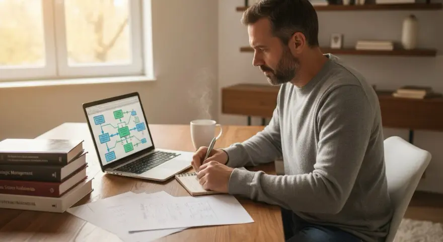 Mężczyzna pochyla się nad notatkami, pracując nad projektem. Na ekranie laptopa schemat blokowy, obok stos książek. To jego codzienne zmagania podczas studiów magisterskich.