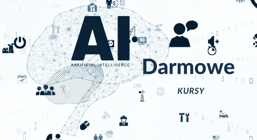 Grafika z mózgiem AI i ikonami symbolizującymi technologię, biznes i naukę. Napis "Darmowe KURSY AI" zachęca do nauki.