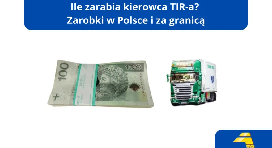 Ile zarabia kierowca tira? Stos banknotów 100 zł i zielona ciężarówka sugerują zarobki w transporcie.
