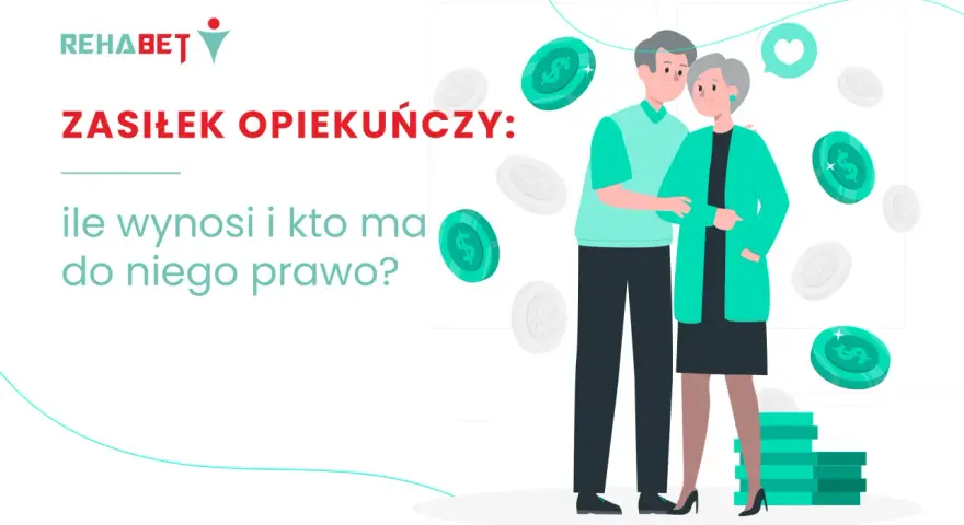 Para starszych osób, monety i tekst "ZASIŁEK OPIEKUŃCZY: ile wynosi i kto ma do niego prawo?".