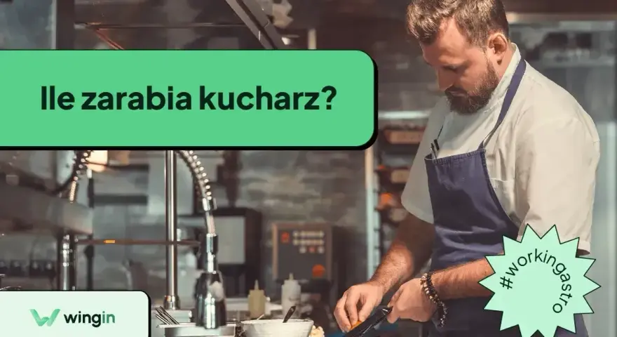Kucharz w fartuchu przygotowuje jedzenie. Na ekranie pytanie: "Ile zarabia kucharz?".