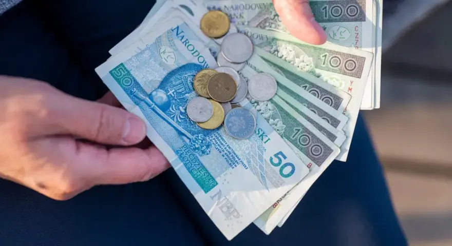 Ręce trzymają polskie banknoty i monety. Czy mam 60 lat i 10 lat pracy, czy dostanę emeryturę?