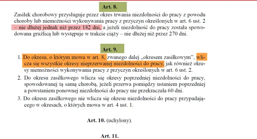 Zasiłek chorobowy trwa do 182 dni. Ponowne zwolnienie lekarskie po 182 dniach choroby jest możliwe, jeśli przerwa między zwolnieniami nie przekracza 60 dni.