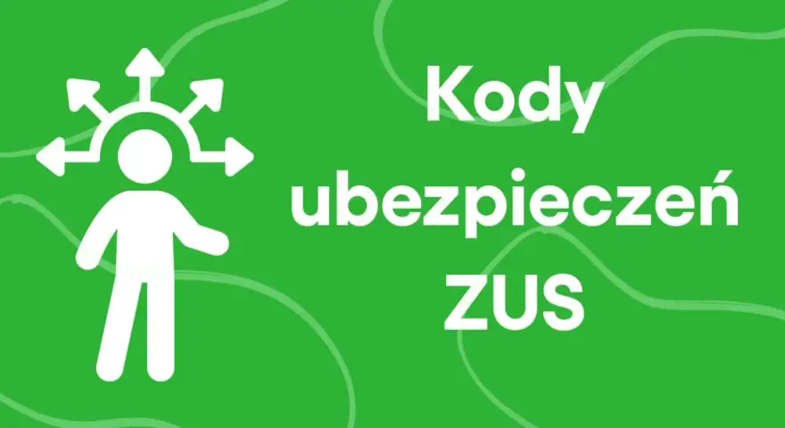 Biała ikona postaci z rozchodzącymi się strzałkami nad głową, obok napis "Kody ubezpieczeń ZUS".