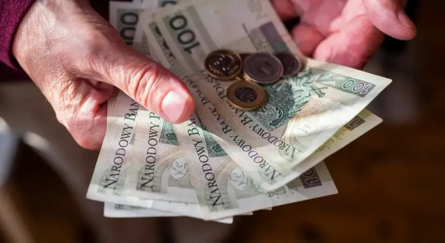 Dłonie trzymają polskie banknoty 100 zł i monety. Ile trzeba przepracować żeby dostać emeryturę?