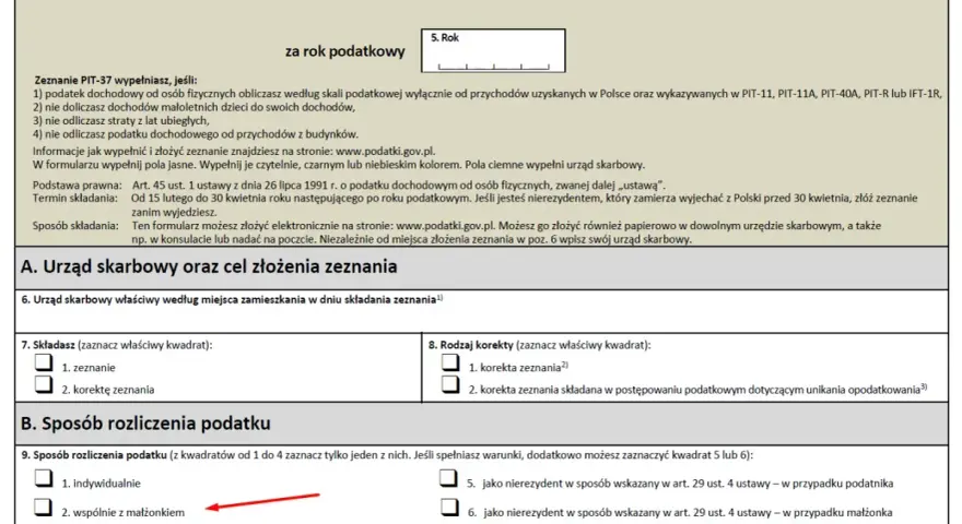 Formularz PIT-37, sekcja "Rodzaj korekty" zaznaczona opcja "korekta zeznania". Wskazanie sposobu rozliczenia podatku: wspólnie z małżonkiem lub jako wdowa/wdowiec.