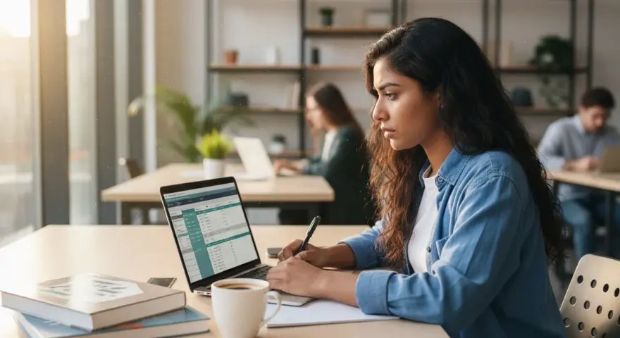 Młoda kobieta pracuje przy laptopie w jasnym biurze, obok książki i kawy.