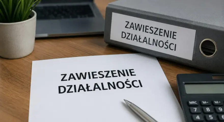 Dokumenty dotyczące zawieszenia działalności i ZUS. Na biurku leży dokument "Zawieszenie działalności", segregator z tym samym napisem, kalkulator i laptop.