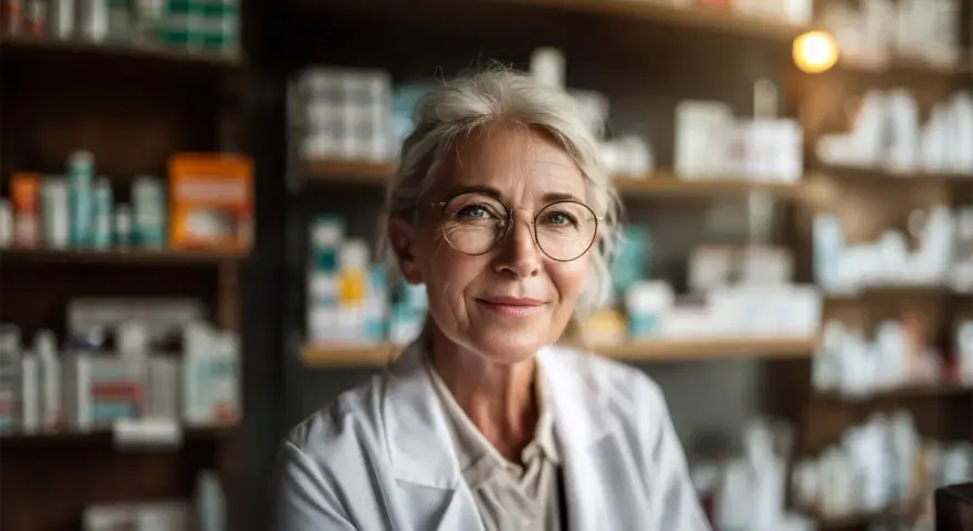Uśmiechnięta farmaceutka w okularach, w białym fartuchu, wśród aptecznych półek. To ulga dla pracujących seniorów, którzy szukają tu wsparcia.