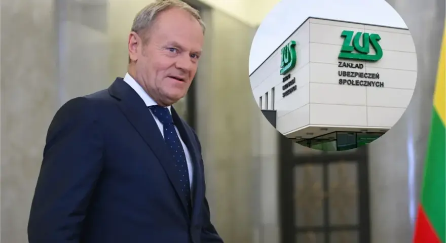 Donald Tusk i budynek ZUS. Nowe przepisy dotyczące emerytur stażowych mają wejść w życie do końca roku.