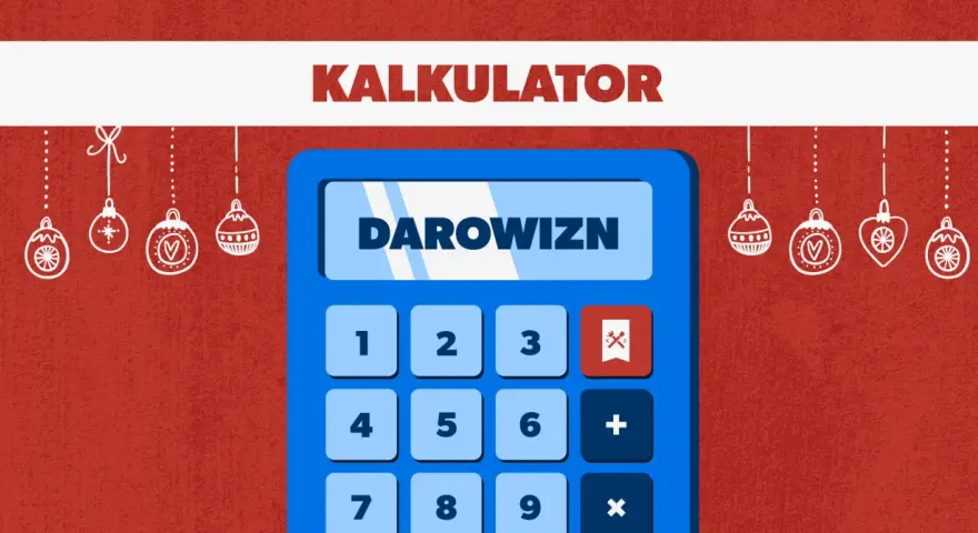 Kalkulator z napisem "DAROWIZN" i świątecznymi ozdobami. Dowiedz się, jak odliczyć darowiznę od podatku.