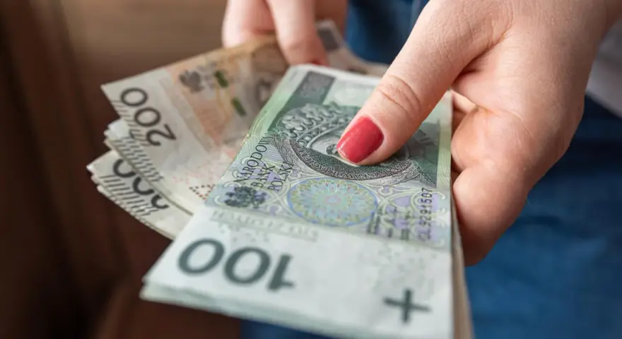Dłoń trzyma stos polskich banknotów 100 i 200 zł. Pieniądze mogą być przeznaczone na przelew podatkowy.