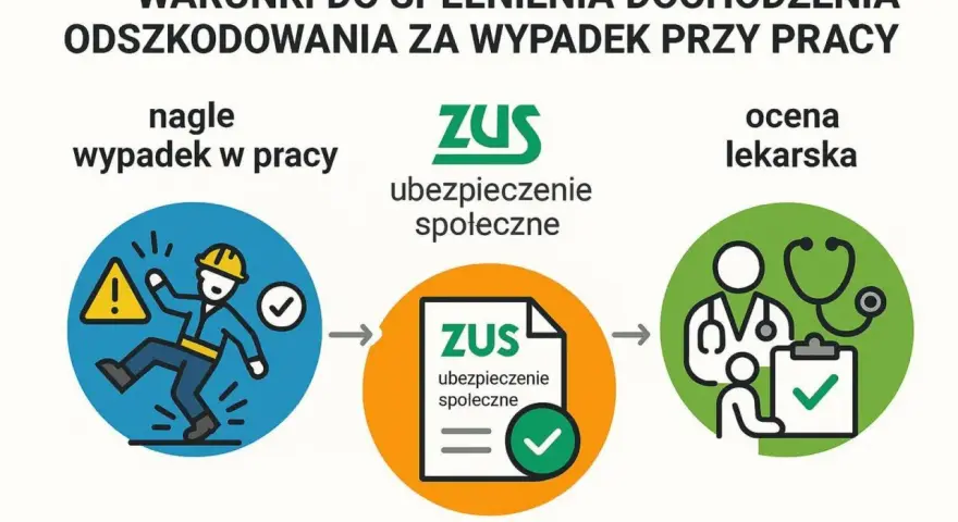 Schemat procesu dochodzenia odszkodowania za wypadek przy pracy: nagły wypadek, ubezpieczenie społeczne ZUS, ocena lekarska.