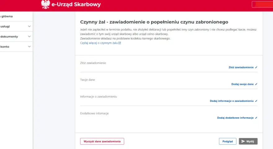 Formularz "Czynny żal - zawiadomienie o popełnieniu czynu zabronionego" w e-Urzędzie Skarbowym. Możesz tu złożyć zawiadomienie, jak napisać czynny żal do urzędu skarbowego.