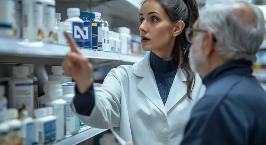 Młody technik farmacji w białym fartuchu wskazuje starszemu panu na lek na półce aptecznej.
