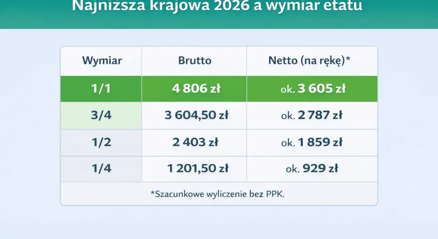 Tabela pokazuje najniższą krajową 2026. Wynagrodzenie za 3/4 etatu netto wynosi ok. 2 787 zł.