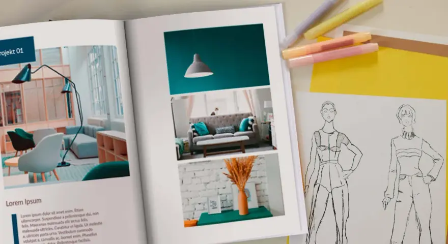 Otwarta księga z inspiracjami: projekt wnętrz i szkice modowe. To moje portfolio.