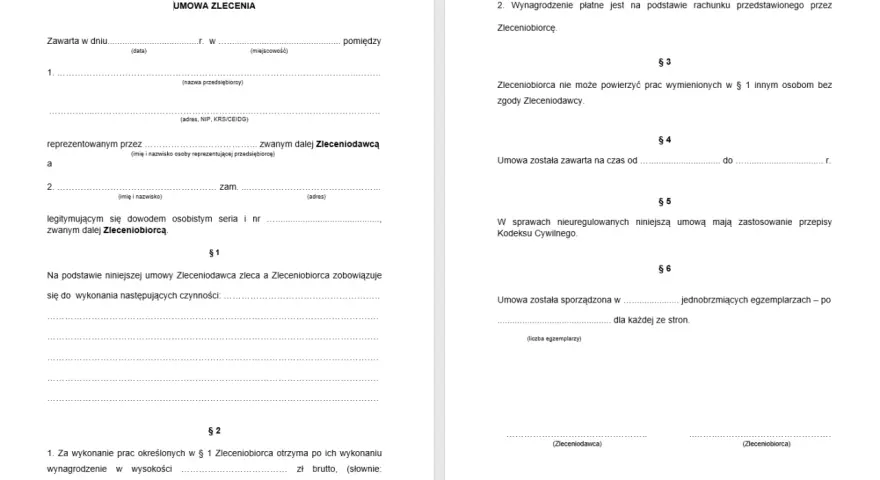 Umowa zlecenia, gdzie zleceniobiorca zobowiązuje się do wykonania określonych czynności.