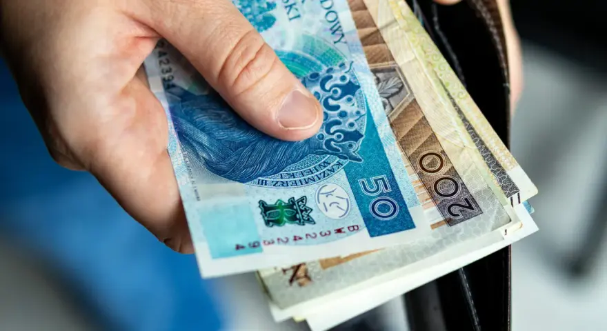 Dłoń trzyma polskie banknoty 50 i 200 zł. To może być zgłoszenie darowizny od rodziców na ważny cel.