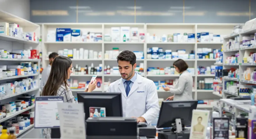 Farmaceuta w białym fartuchu obsługuje klienta, a w tle widać półki z lekami. To praca, która może przynieść dobre zarobki.