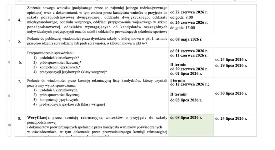Fragment tabeli z harmonogramem rekrutacji do liceum 2026/2027, zawierający daty i terminy.