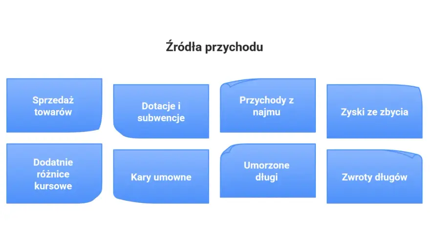 Różne źródła przychodu: sprzedaż towarów, dotacje, najem, zyski ze zbycia, różnice kursowe, kary umowne, umorzone długi, zwroty długów.