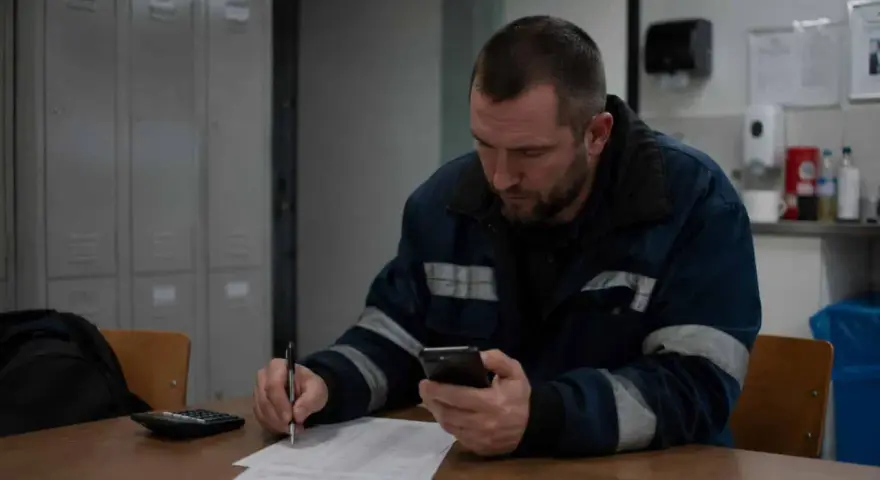 Pracownik w roboczym ubraniu sprawdza telefon, notując coś na papierze. Może to być jego dodatek nocny 2025.