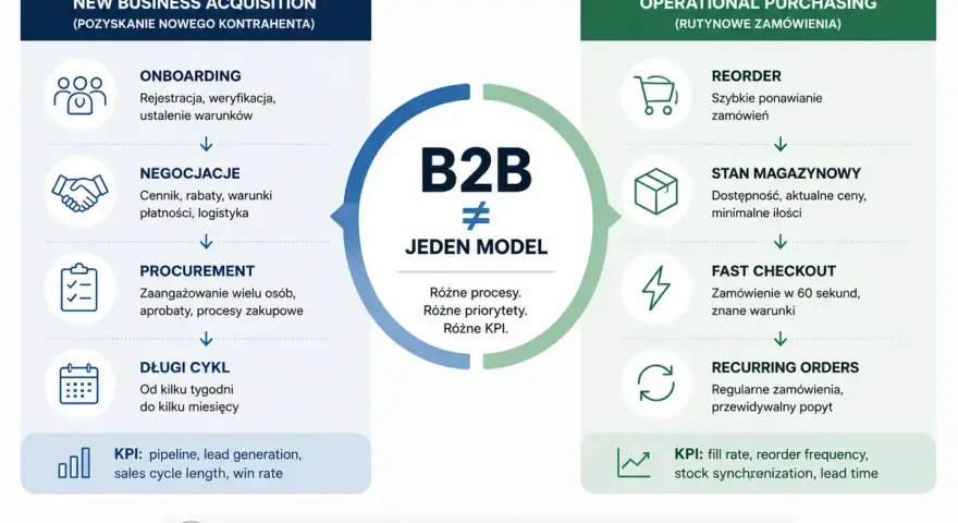 B2B to dwa modele: pozyskiwanie nowych kontrahentów (onboarding, negocjacje, długi cykl) i rutynowe zamówienia (reorder, szybki checkout).