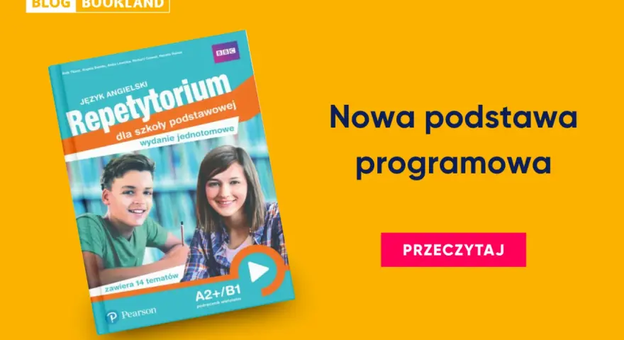 Okładka podręcznika "Repetytorium Język Angielski" z uśmiechniętymi uczniami.