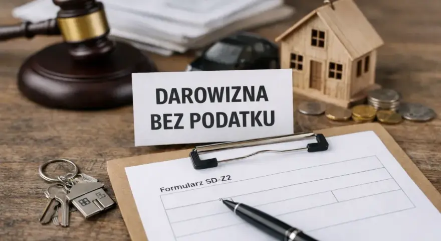 Klucze do domu, formularz SD-Z2 i tabliczka "Darowizna bez podatku" sugerują, do jakiej kwoty można zrobić przelew bez podatku.