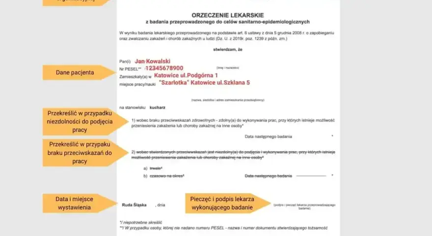 Orzeczenie lekarskie dla Jana Kowalskiego, kucharza, potwierdza brak przeciwwskazań do pracy, co jest kluczowe dla celów sanitarno-epidemiologicznych.