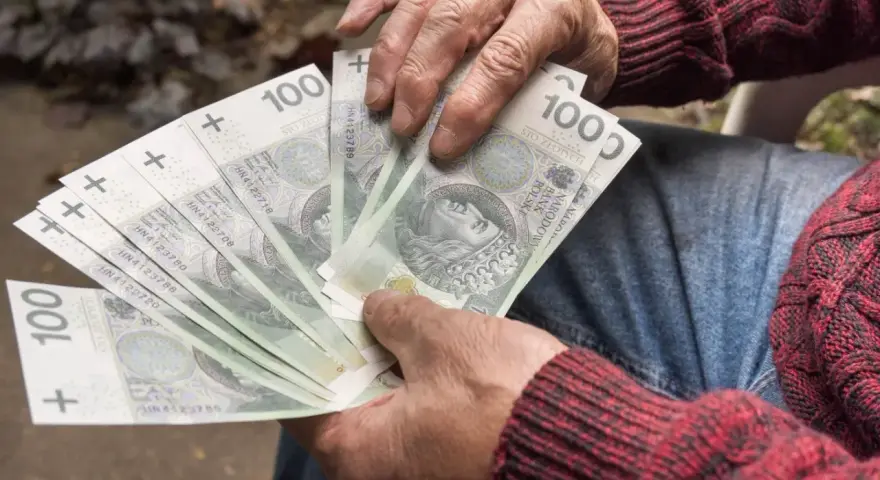 Ręce trzymające banknoty 100 zł. Czy to wystarczy na emeryturę po 30 latach pracy przy najniższej krajowej?
