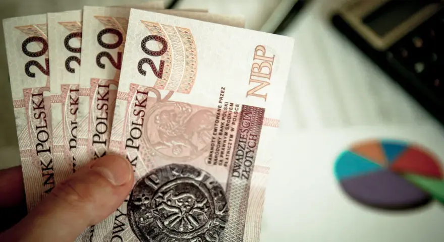 Ręka trzyma banknoty 20 zł. Obok kalkulator i wykres kołowy. Planowanie finansowe na 2025 rok, stawka godzinowa netto.