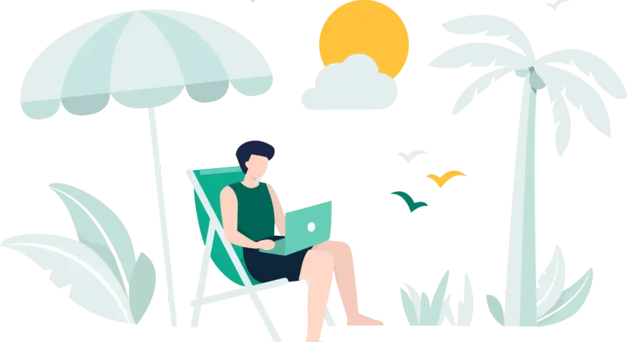 Mężczyzna pracuje na laptopie pod parasolem plażowym, marząc o wakacjach ZUS 2025. Palmy i słońce dopełniają tropikalny klimat.