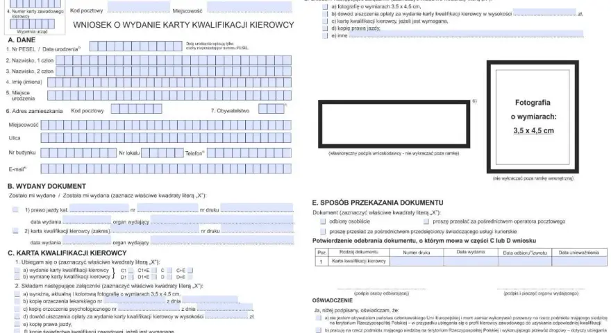 Wniosek o wydanie karty kwalifikacji kierowcy, zawierający dane osobowe, informacje o wydanych dokumentach oraz miejsce na zdjęcie.