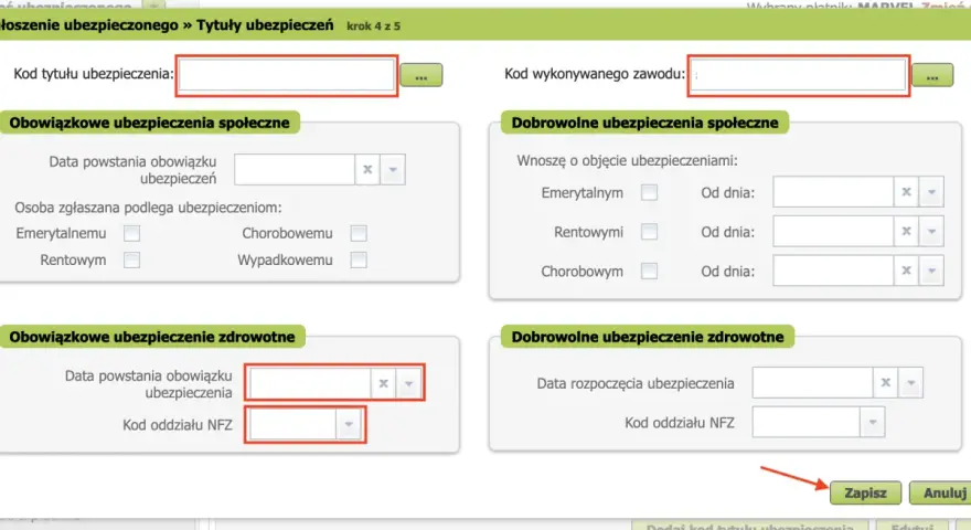 Formularz zgłoszenia ubezpieczonego. Wpisz kod tytułu ubezpieczenia i kod oddziału NFZ.