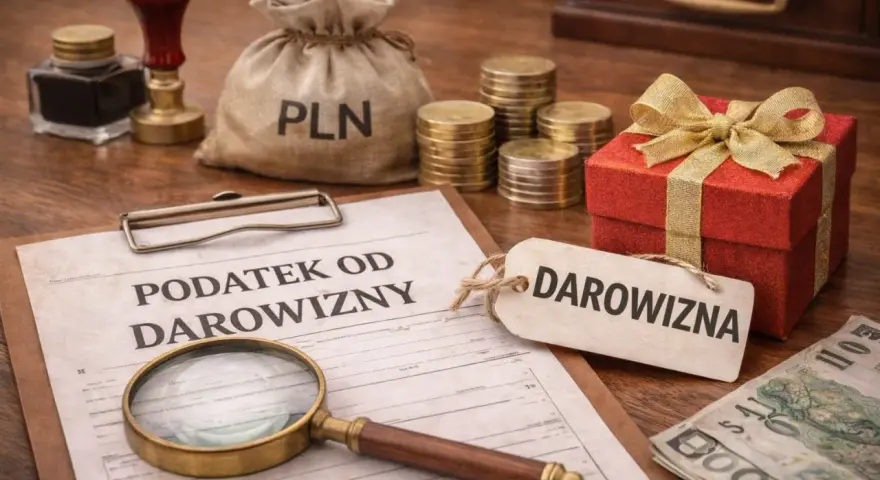Dokument "Podatek od darowizny", lupa, worek z PLN, monety, prezent i banknoty. Zastanawiasz się, ile czasu na zgłoszenie darowizny?